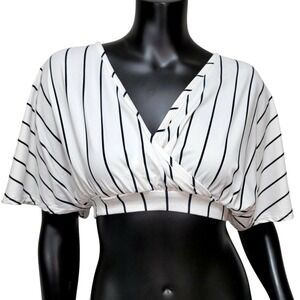 Y2K Arabella Womens S White Black Striped Wrap Open‎ Tie Back Flutter Crop Top